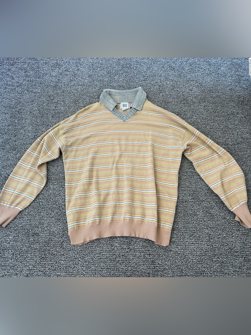 BDG Beige, Tan and Light Blue Striped Polo Collar Sweater